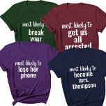 Most Likely To Bachelorette Party Girl Trip Custom T-Shirt<br><div class="desc">Celebrate your girl squad with our Most Likely To Bachelorette Party Girl Trip Custom T-Shirt! These shirts are the perfect addition to your girls' vacation, adding a touch of humor and unity to the celebration. Designed with a fun and matching "Most Likely To" theme, these custom tees are ideal for...</div>