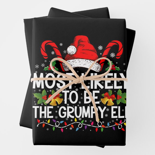 Most Likely To Be The Grumpy Elf Funny Xmas Wrapping Paper Sheets (In situ)