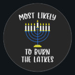 Most Likely To Burn The Latkes Hanukkah Group Matc Classic Round Sticker<br><div class="desc">Most Likely To Burn The Latkes Hanukkah Group Matching</div>