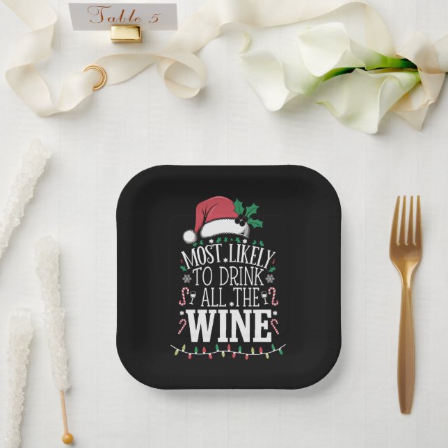 Most Likely To Drink Christmas All The Wine Family Paper Plates (Wedding)