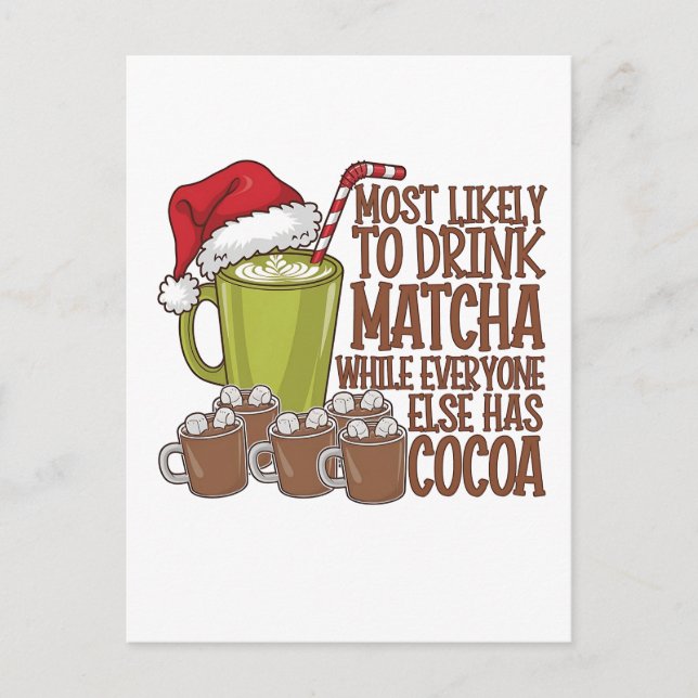 Most Likely to Drink Matcha and Watch Elf Xmas  Announcement Postcard (Front)