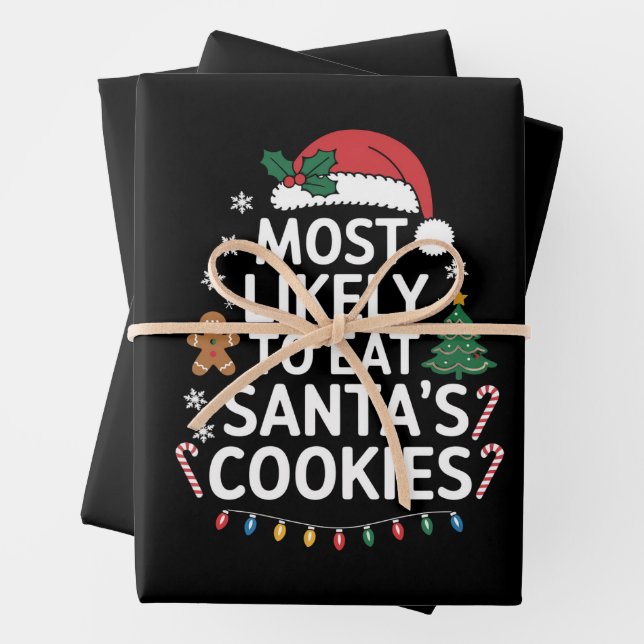 Most Likely To Eat Santas Cookies Family Christmas Wrapping Paper Sheets (In situ)