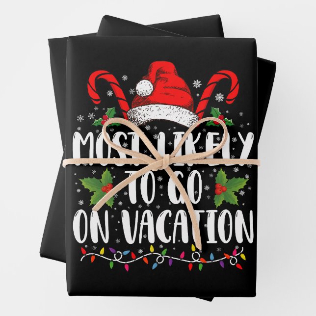 Most Likely To Go On Vacation Christmas Matching Wrapping Paper Sheets (In situ)