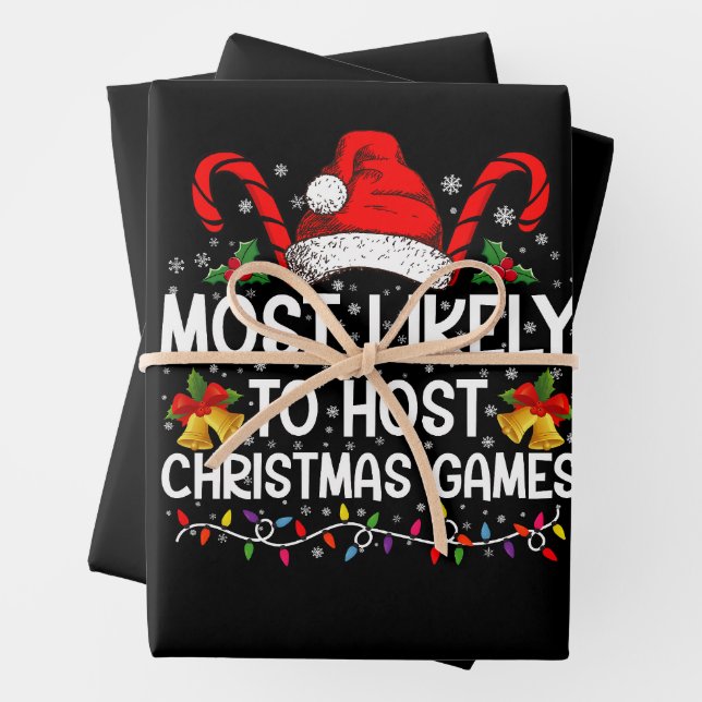 Most Likely To Host Christmas Games Family Wrapping Paper Sheets (In situ)