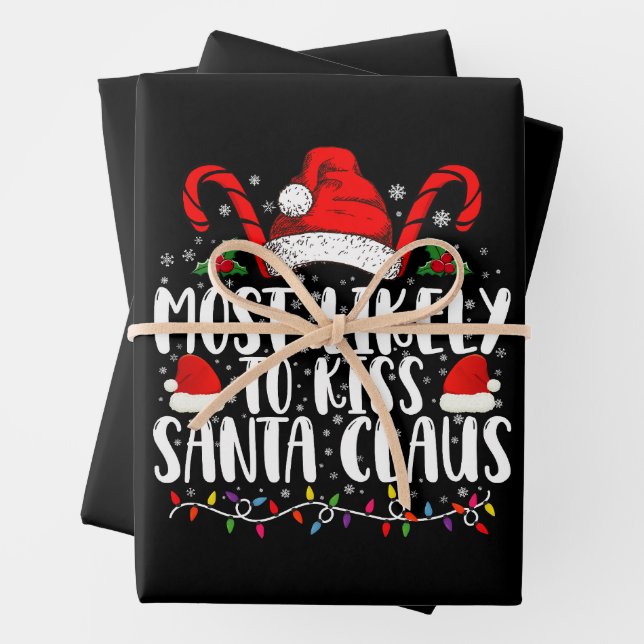 Most Likely To Kiss Santa Claus Christmas Family  Wrapping Paper Sheets (In situ)