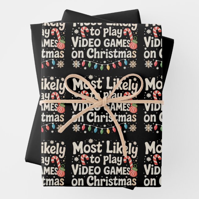 Most Likely To Play Video Games On Christmas Xmas Wrapping Paper Sheets (In situ)