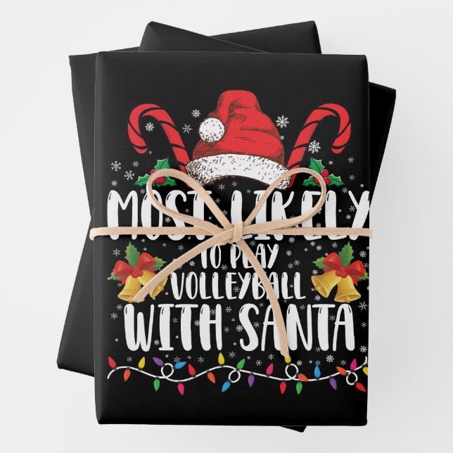 Most Likely To Play Volleyball With Santa Family Wrapping Paper Sheets (In situ)