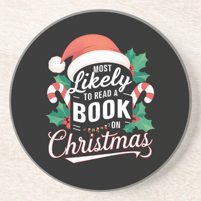 Most Likely To Read A Book On Christmas Coaster (Front)