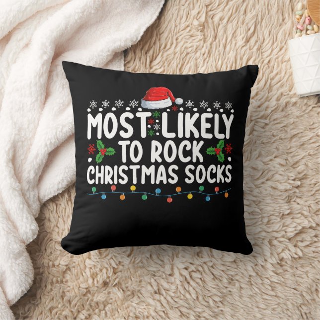Most Likely To Rock Christmas Socks Family Holiday Throw Pillow (Blanket)