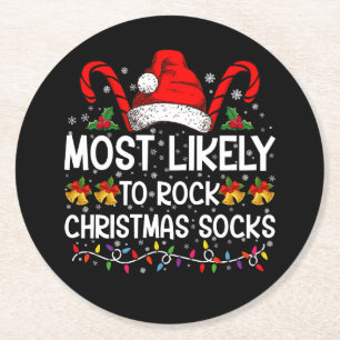 Most Likely To Rock Christmas Socks Funny Xmas Round Paper Coaster