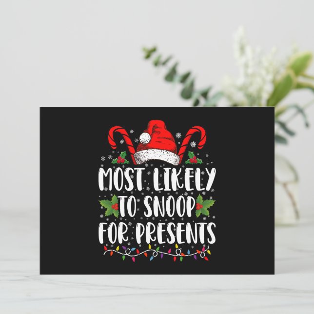 Most Likely To Snoop For Presents Family Christmas Invitation (Standing Front)
