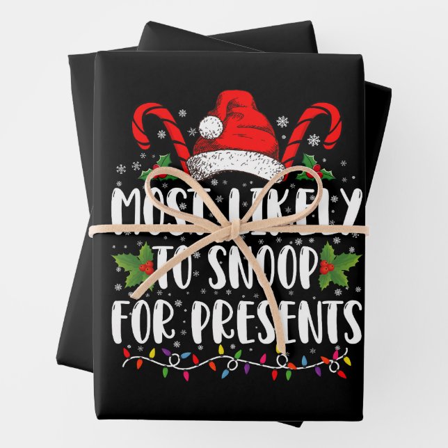 Most Likely To Snoop For Presents Family Christmas Wrapping Paper Sheets (In situ)