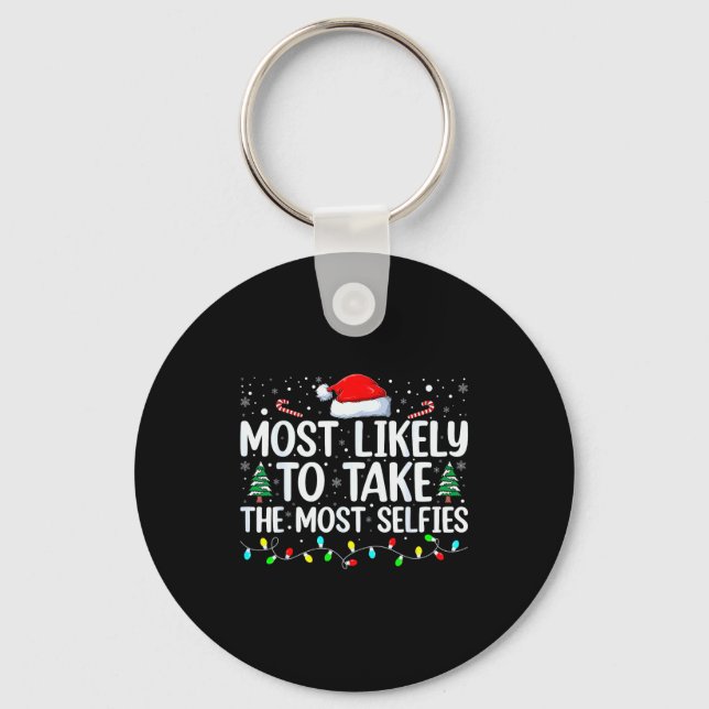 Most Likely To Take The Most Selfies Christmas Tre Keychain (Front)