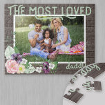 Most Loved Daddy - Rustic Dark Wood Frame Jigsaw Puzzle<br><div class="desc">Charming photo puzzle for your dad - great for father's day or a birthday gift. The template is set up ready for you to add your own photo and you can also edit "daddy" to your preferred title (ie., dad, papa etc), if you wish. This watercolor floral design features a...</div>