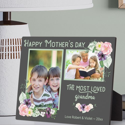 Most Loved Grandma _ Floral Grey  Green Photo Plaque