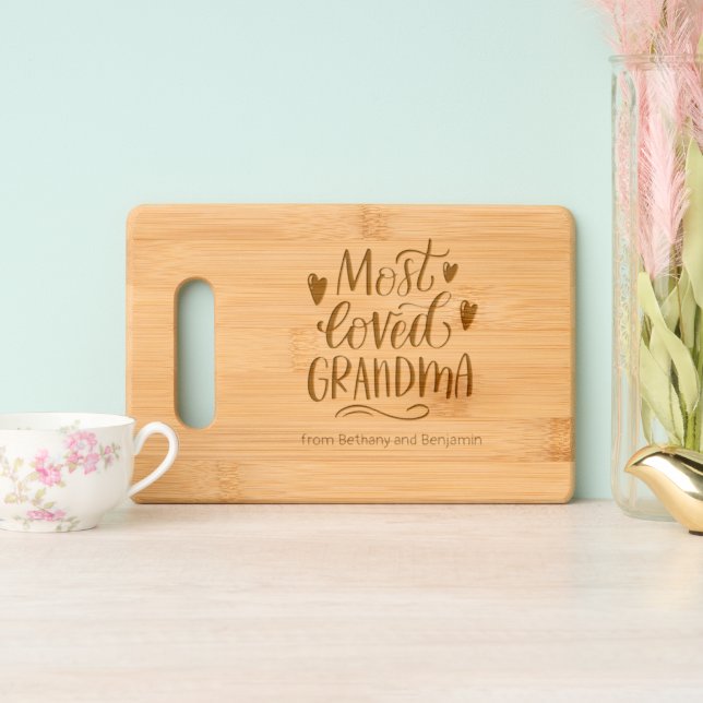 Most Loved Grandma Grandchild Names Engraved Cutting Board (Upright)