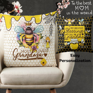 Most Loved Grandma-Grandchildren's Name-Queen Bee Throw Pillow
