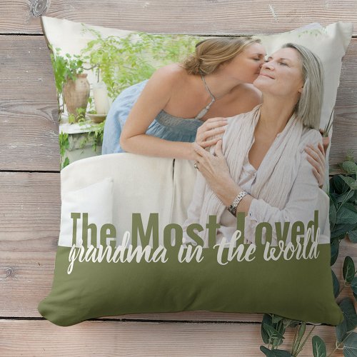 Most Loved Grandma in the World 2 Photo Green Throw Pillow