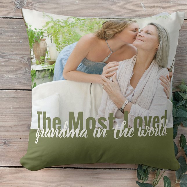 Most Loved Grandma in the World 2 Photo Green Throw Pillow (Creator Uploaded)