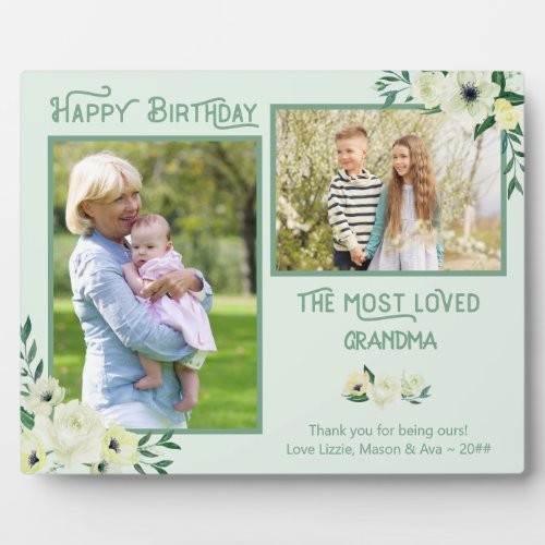 Most Loved Grandma _ Ivory Floral  Green Photo Plaque