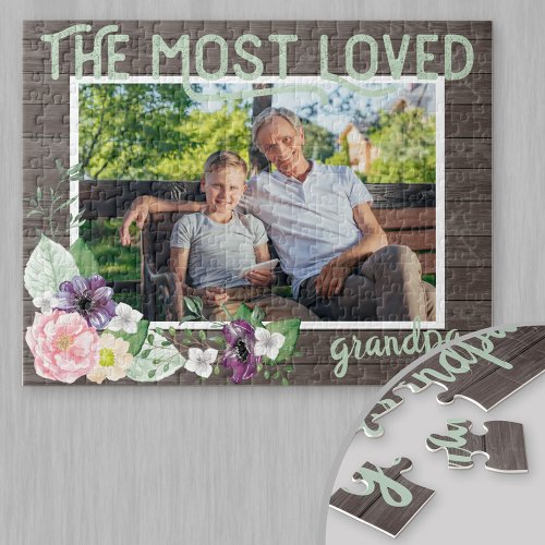 Most Loved Grandpa _ Rustic Wood Frame Jigsaw Puzzle