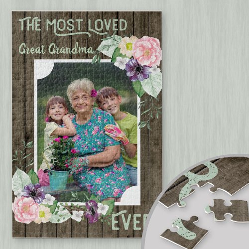 Most Loved Great Grandma Ever  Floral Framed Photo Jigsaw Puzzle