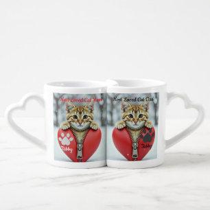 Most Loved, Heart, Paw, Quote, Name, Cat Cupid Coffee Mug Set