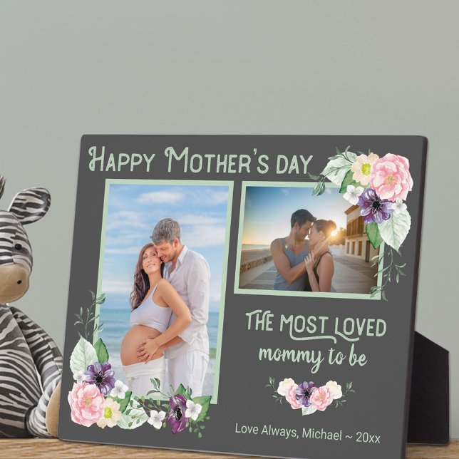 Most Loved Mom To Be - Floral Grey & Green Photo Plaque (Creator Uploaded)