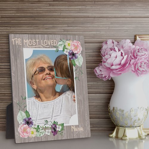 Most Loved Nana _ Rustic Watercolor Floral Photo Plaque