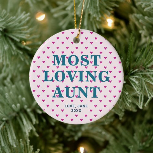 Most Loving Aunt Personalized Gift Pink Hearts Ceramic Ornament