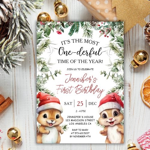 Most ONE_derful   Squirrel Christmas 1st Birthday Invitation