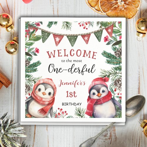 Most ONEderful  Penguin Christmas 1st Birthday Napkins