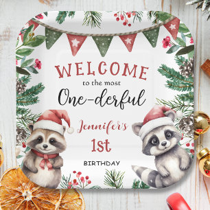 Most ONEderful Raccoon Christmas 1st Birthday Paper Plates