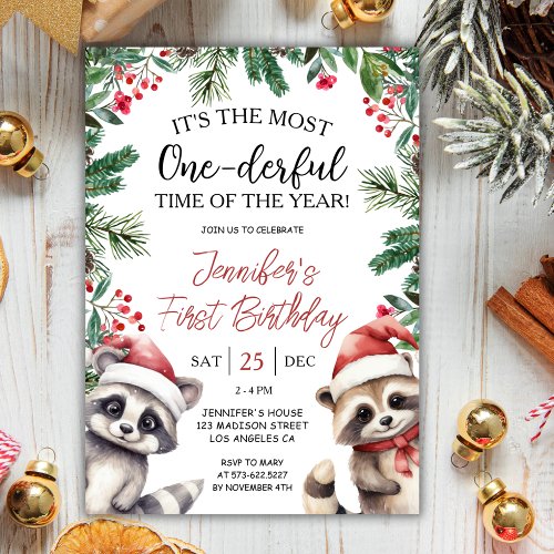 Most ONEderful  Raccoons Christmas 1st Birthday Invitation