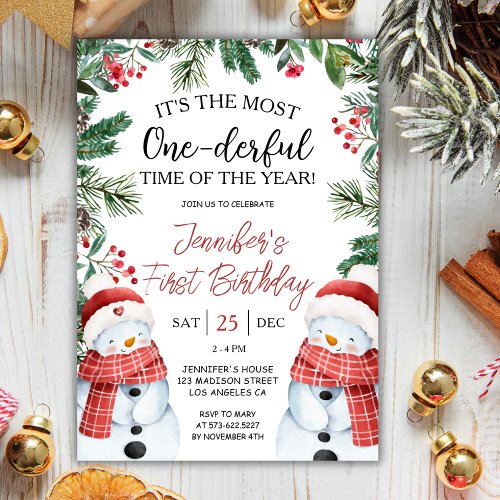 Most ONEderful  Snowman Christmas 1st Birthday Invitation