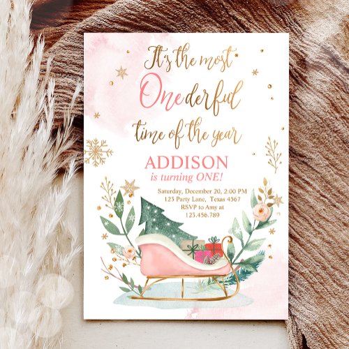 Most Onederful Time Winter Sleigh First Birthday Invitation