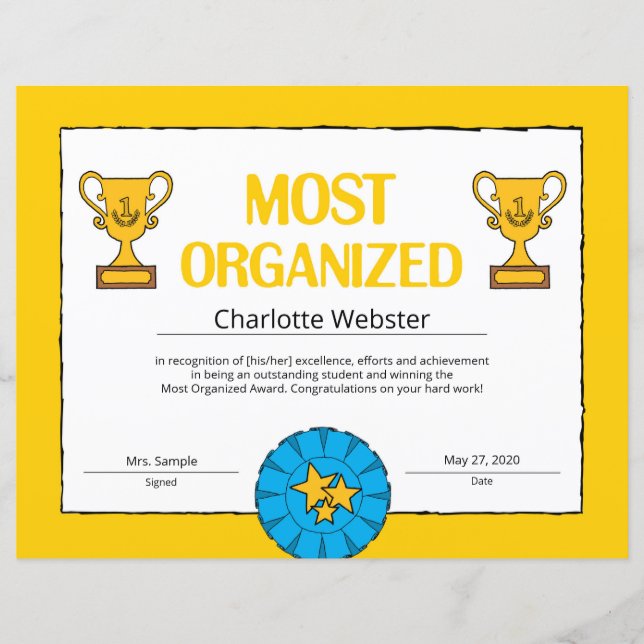 Most Organized Certificate of Achievement PDF (Front)