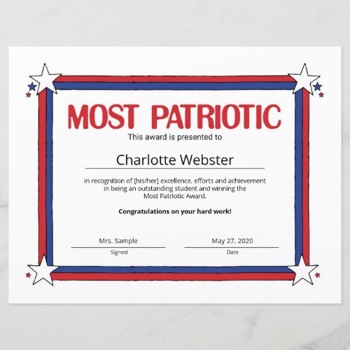 Most Patriotic Student Recognition Certificates
