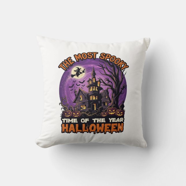 Most Spooky Halloween Haunted House Witch Pumpkins Throw Pillow (Front)