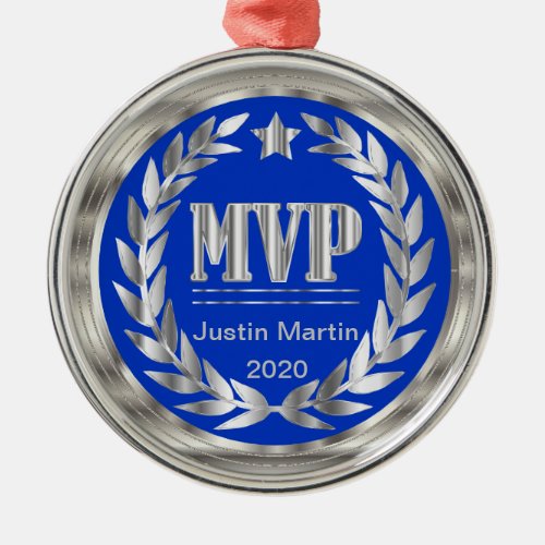 Most Valuable Player Silver and Blue Medal Award Metal Ornament