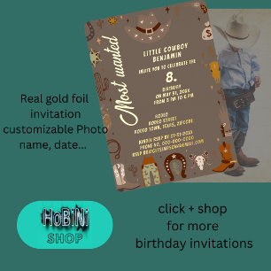 most wanted little texas cowboy birthday foil invitation