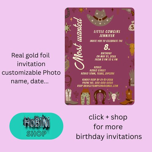 most wanted little texas cowgirl birthday foil invitation