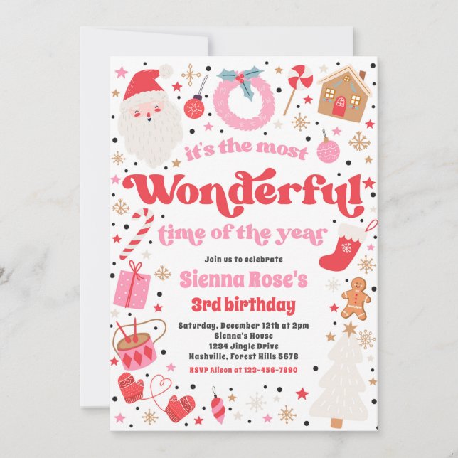 Most Wonderful Pink Christmas Birthday Party Invitation (Front)