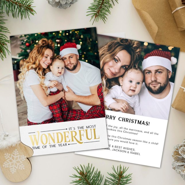 Most wonderful time 2 photo Christmas Foil Holiday Card (Creator Uploaded)