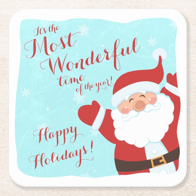 Most Wonderful Time Cartoon Santa Christmas Square Paper Coaster (Front)