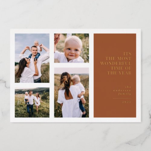 Most wonderful time christmas multi photo  announc foil holiday card