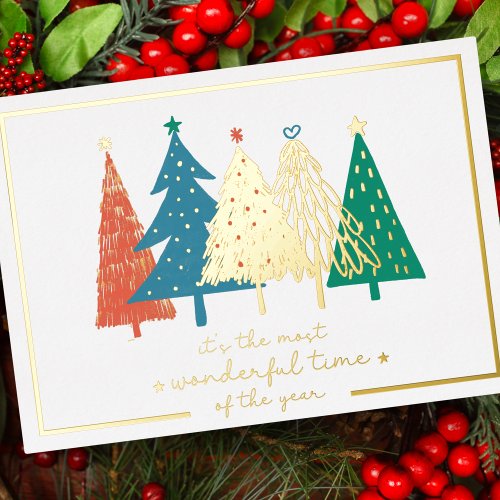 Most Wonderful Time Christmas Tree Gold Foil Holiday Card