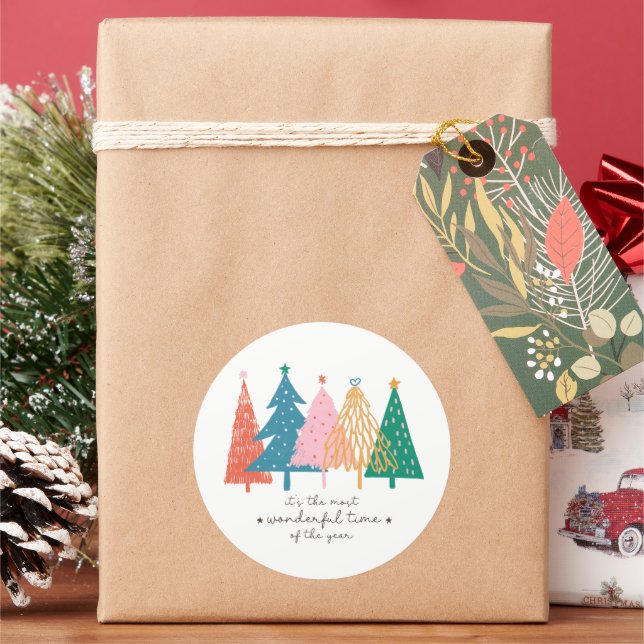 Most Wonderful Time Christmas Tree Holiday Classic Round Sticker (Holiday)