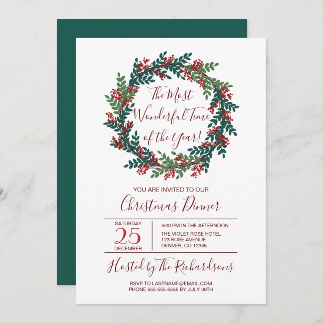 Most Wonderful Time Christmas Wreath Party Invitation (Front/Back)
