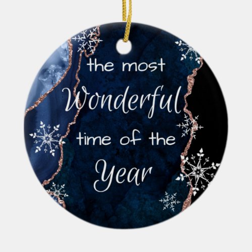 Most Wonderful Time Elegant Blue Gold Glitter Ceramic Ornament